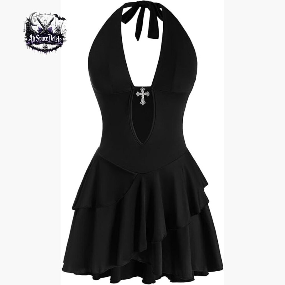 Backless Halter Ruffle Mini Dress with Shorts - Y2K Party Club Bodycon